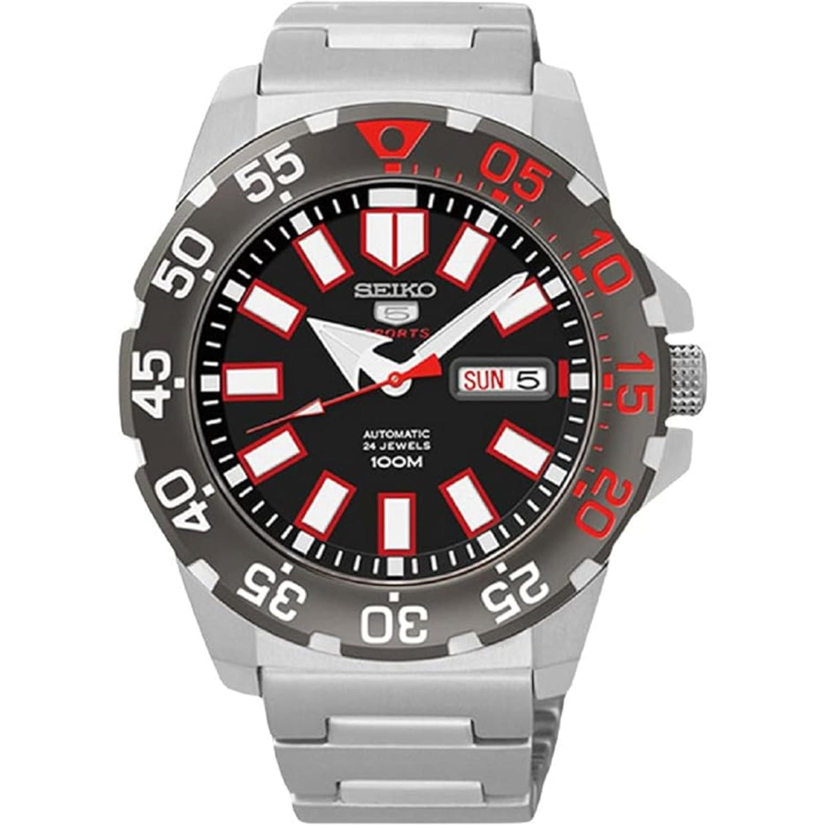 Seiko Sports men’s automatic watch, black dial with red bezel numerals, steel strap