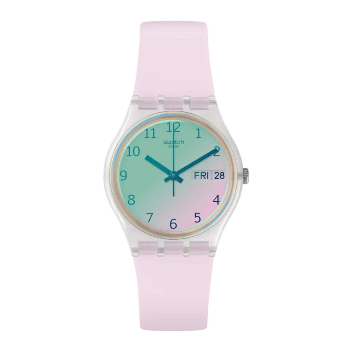 Pink silicone strap wristwatch with teal-to-purple gradient dial, teal hands and Fri 28