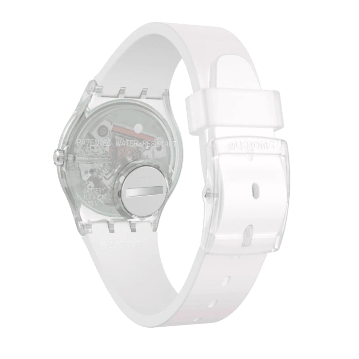Side view of translucent case back wristwatch with pale silicone strap and clasp