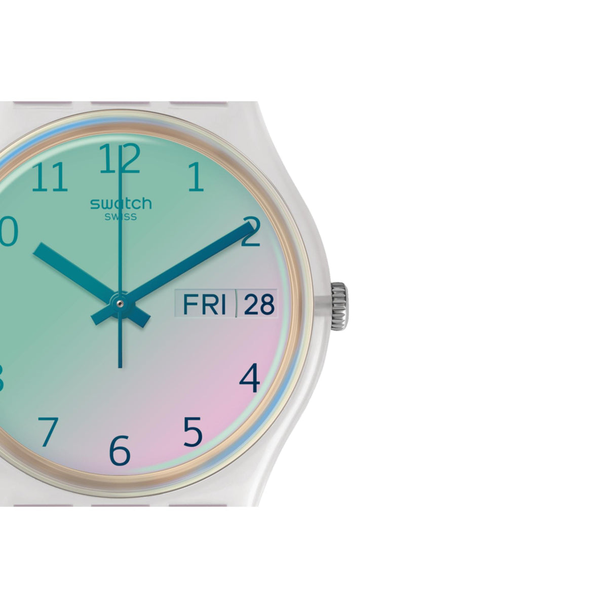 Swatch silicone strap watch with white dial, turquoise hands, and date window