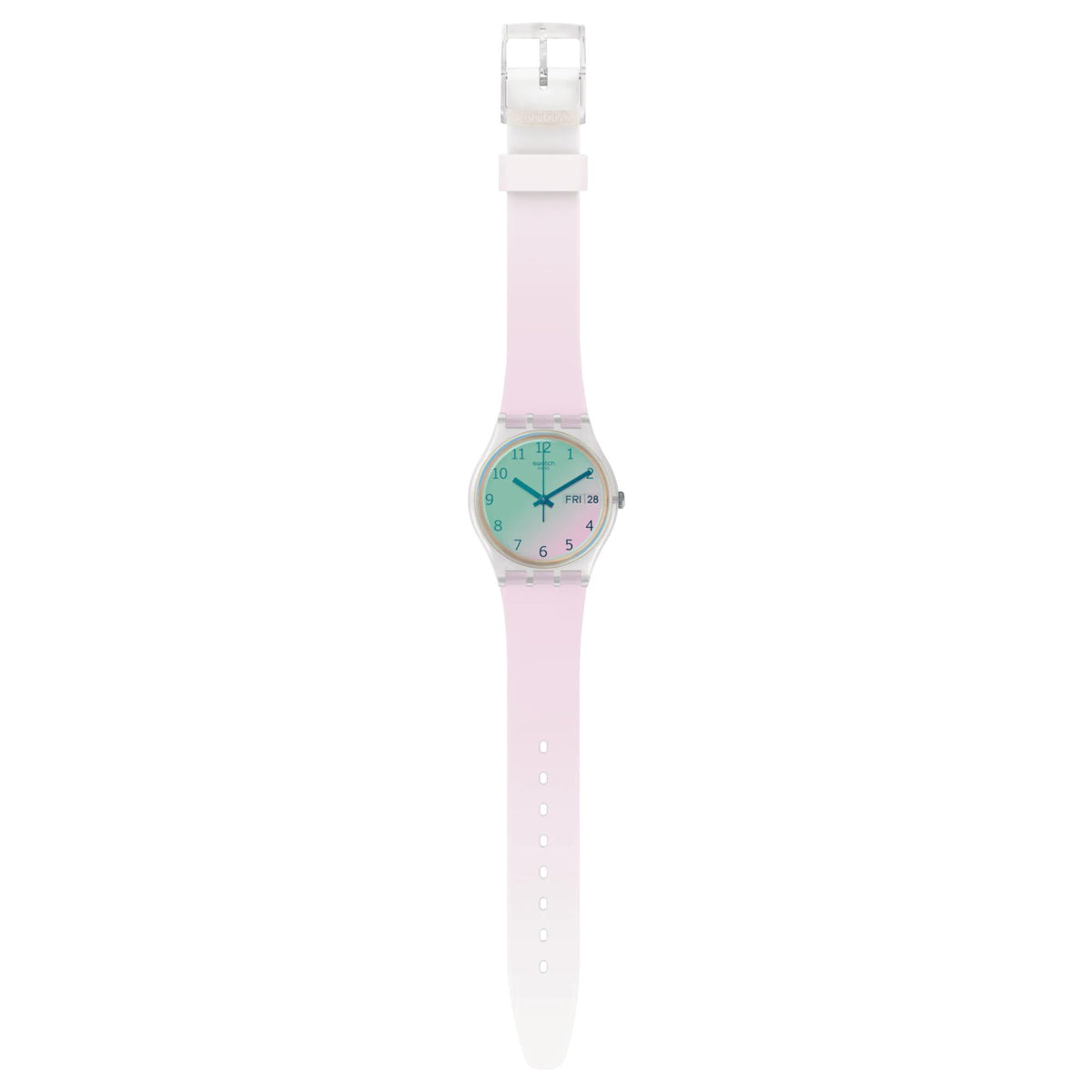 Swatch silicone strap watch with light pink strap and pastel gradient dial