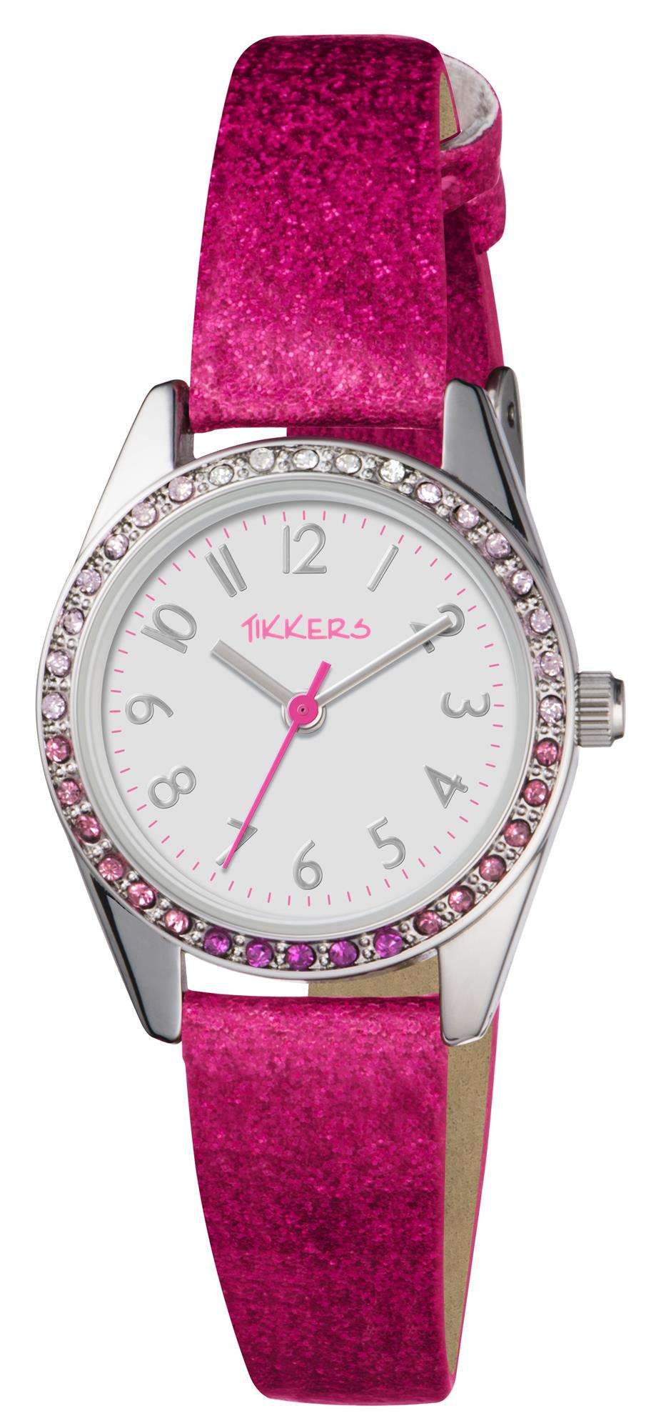 Girls pink glitter strap watch with white dial, Tikkers logo, rhinestone bezel
