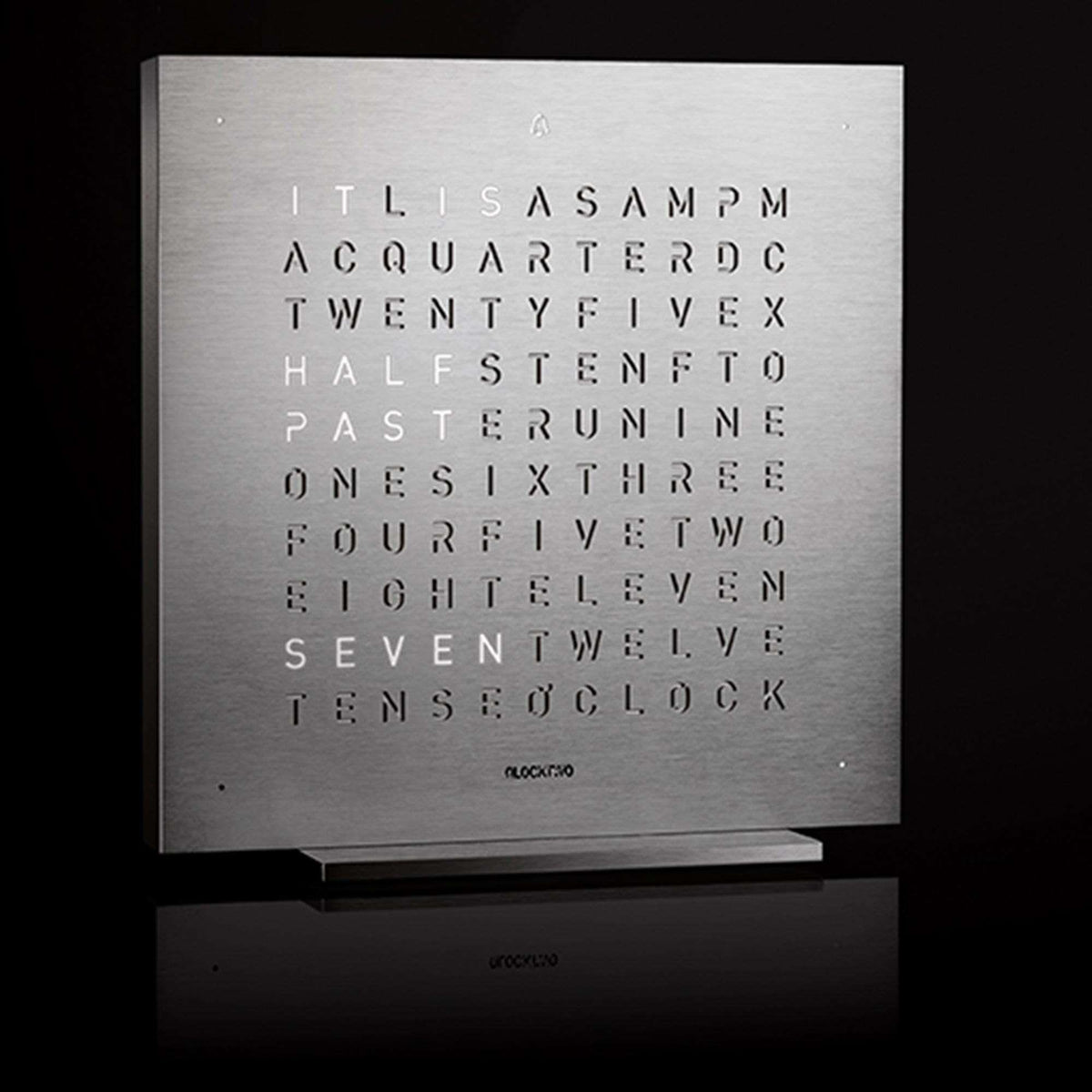 QLOCKTWO touch table clock word display on brushed silver metal square face