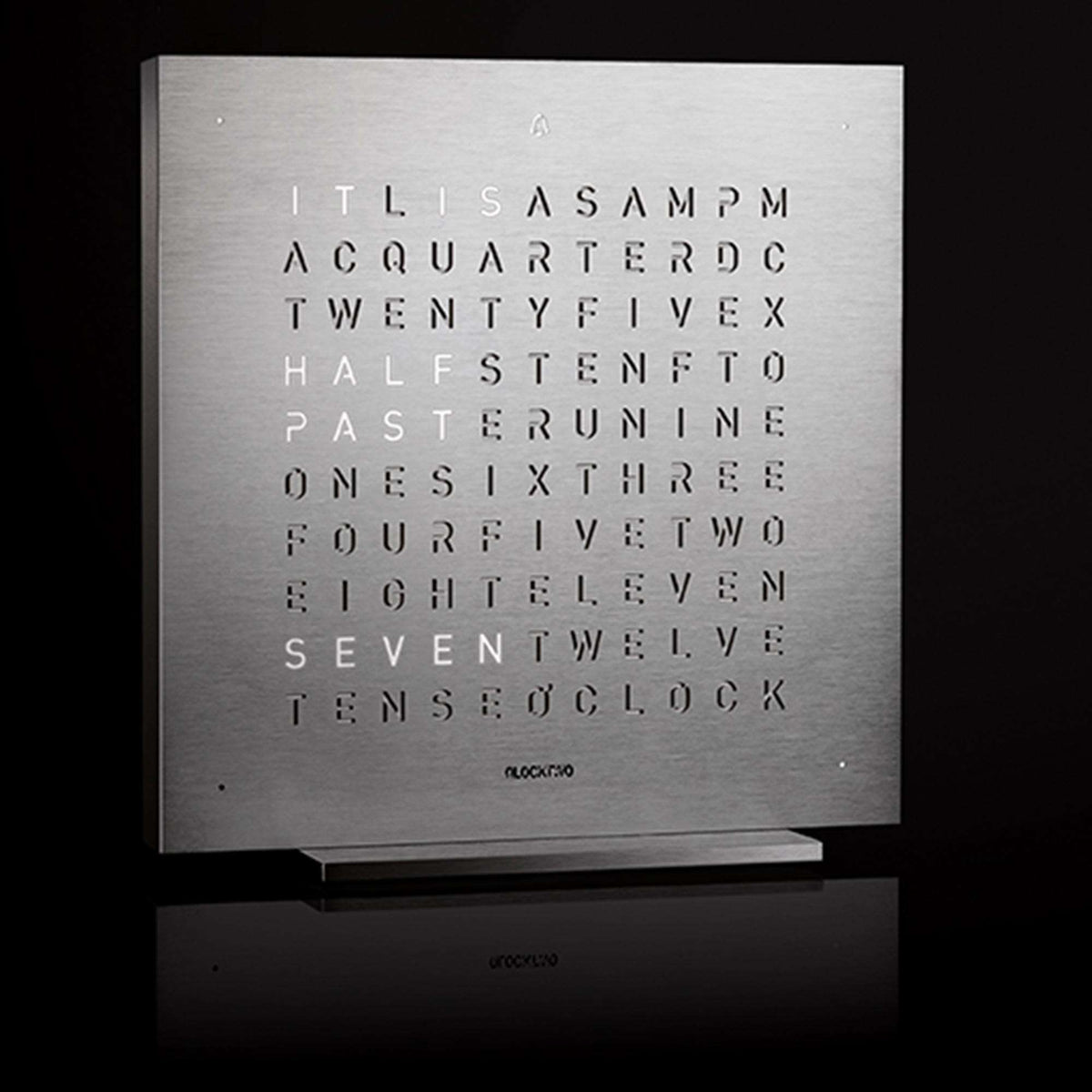 QLOCKTWO touch table clock silver metal word display with table stand
