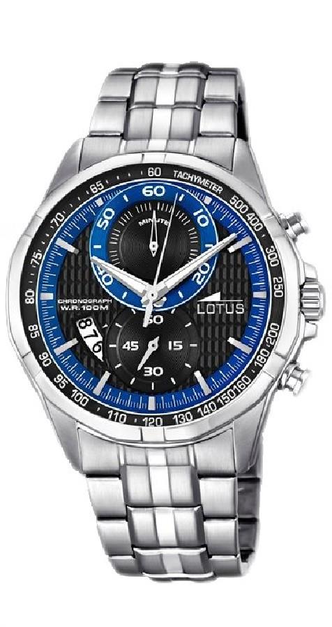 Men's stainless steel chronograph watch, blue bezel, black dial, linked bracelet