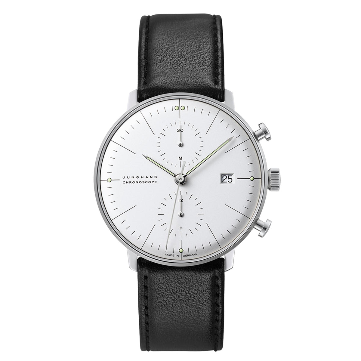 Men's chronoscope watch front view, silver case, white dial with subdials and date at 25