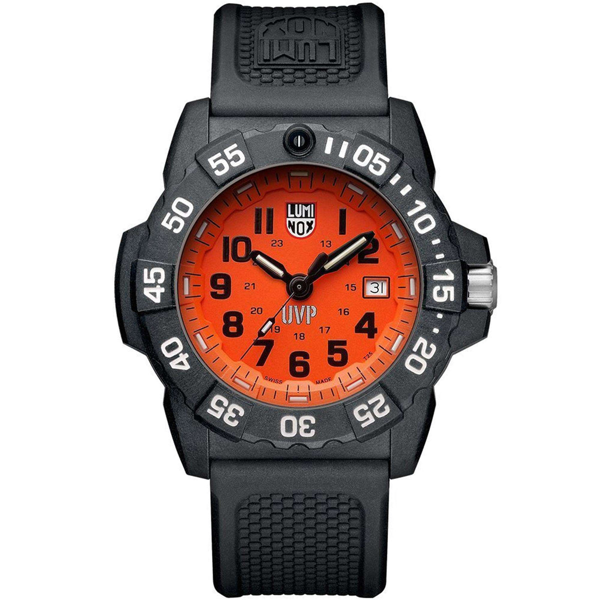 Men's quartz sports watch with orange dial, date window, and black rubber strap