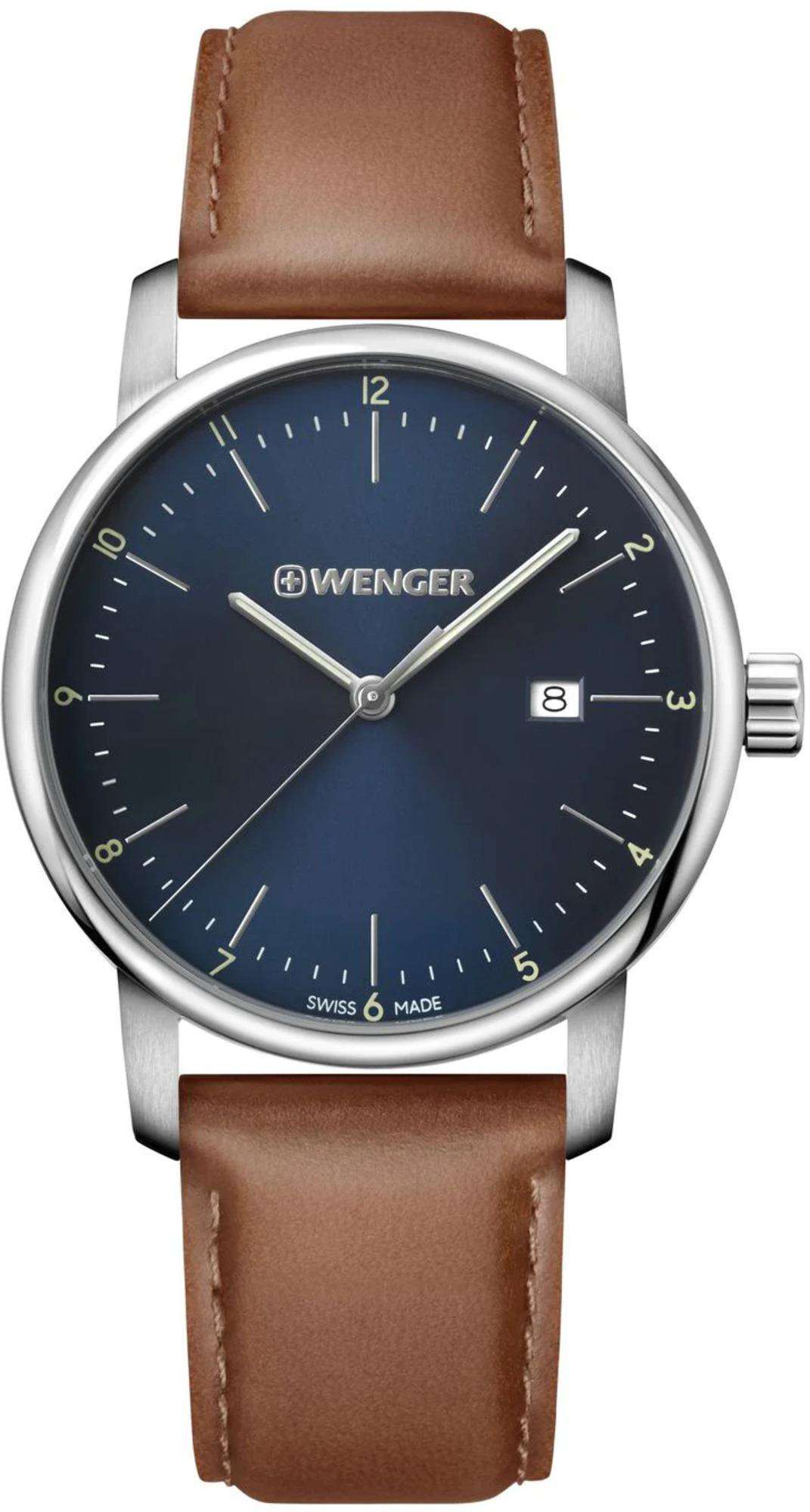 Men's quartz watch front view, blue dial with date window and brown leather strap.