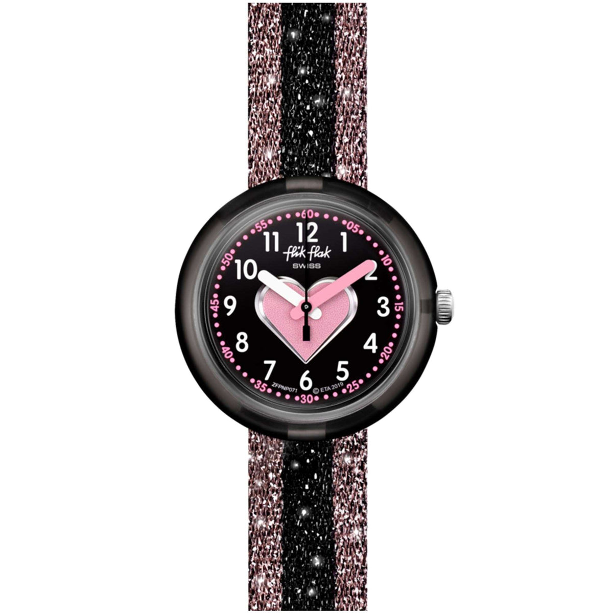 Flik Flak girls watch front view, black round case, pink heart dial, glittery fabric strap