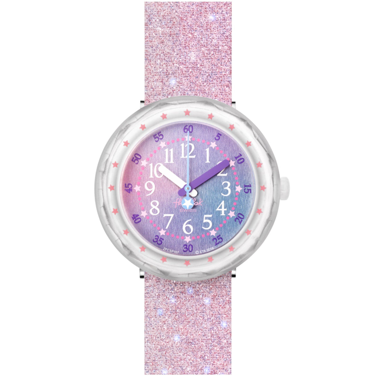 Girls quartz watch front view with pink glitter dial, purple hands, and white silicone strap
