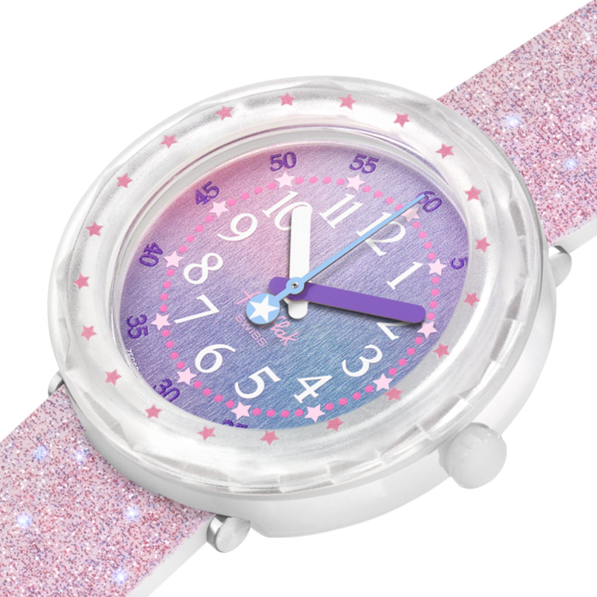 Girls quartz watch close-up with purple number markers, star dial accents, and pink strap