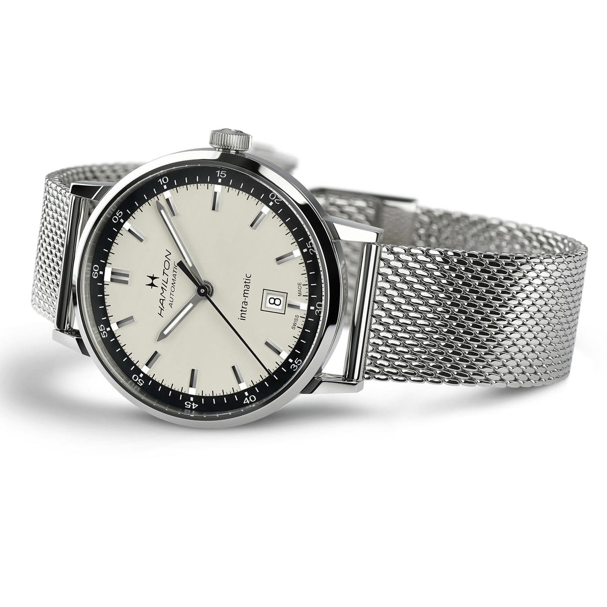 Men's automatic wristwatch with white dial and date window, steel mesh strap and side crown