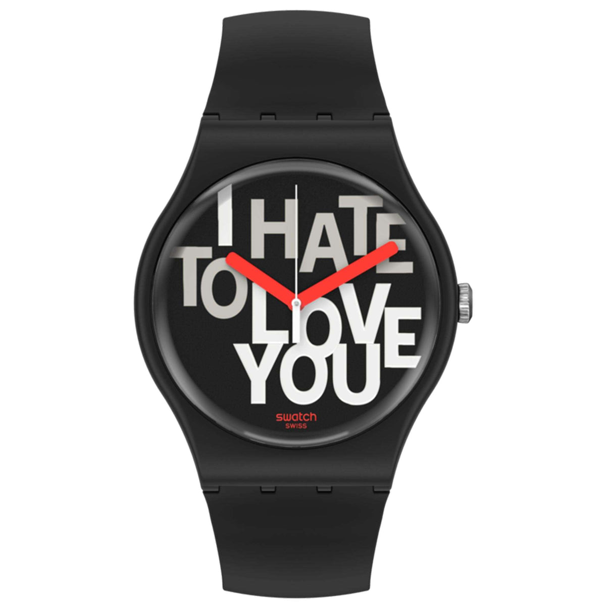 Black quartz watch with "HATE TO LOVE YOU" dial, red second hand, black silicone strap