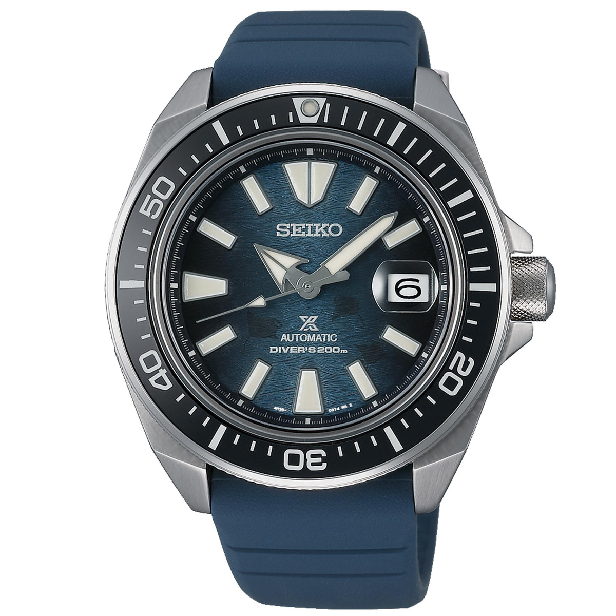 Men's Seiko automatic diver watch with blue dial, date window, and blue silicone strap