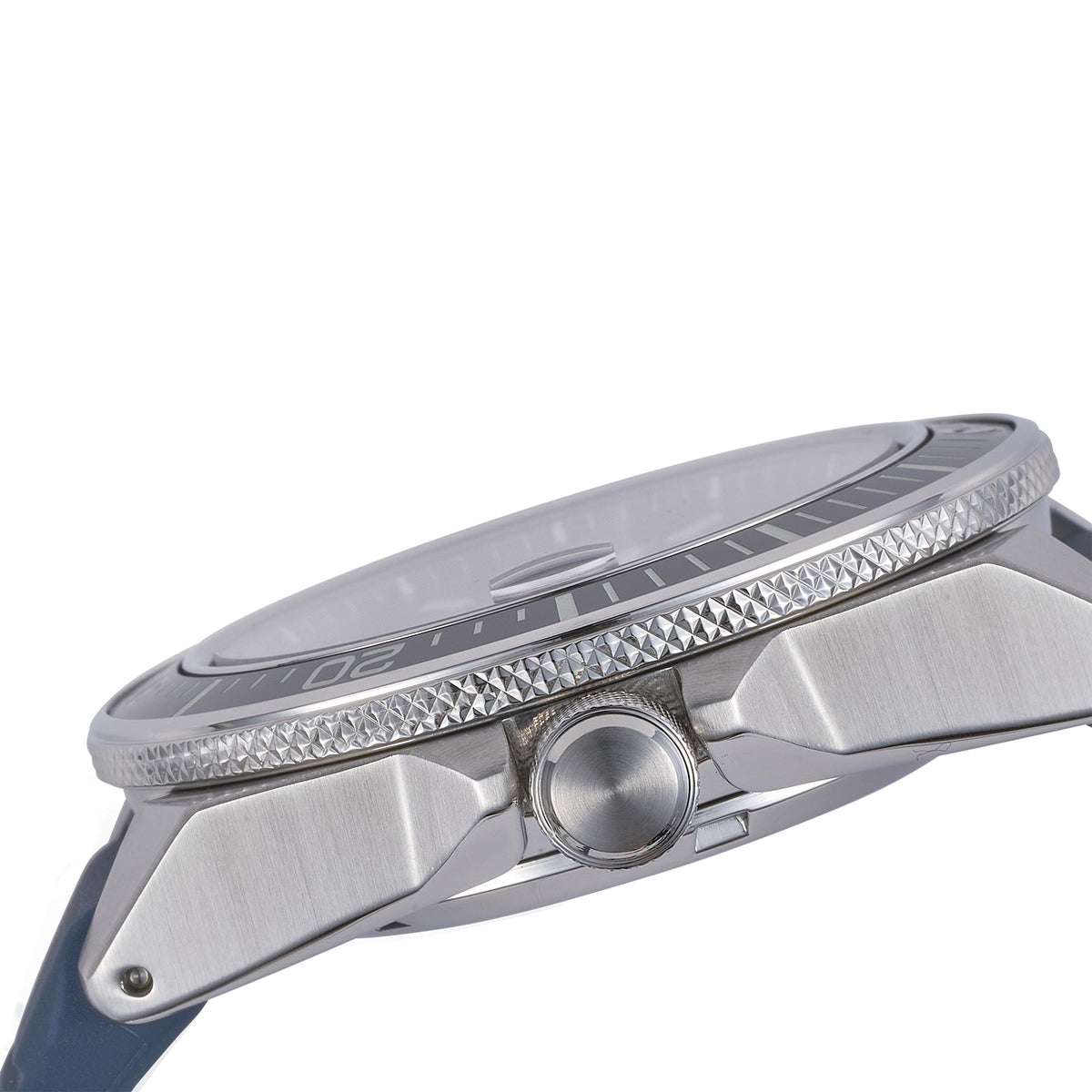 Men's automatic diver watch with blue silicone strap; silver bezel and crown detail