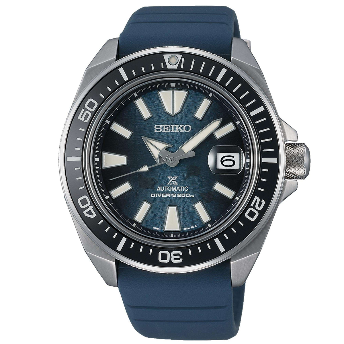 Men's automatic diver watch with dark blue dial, silver bezel, blue silicone strap