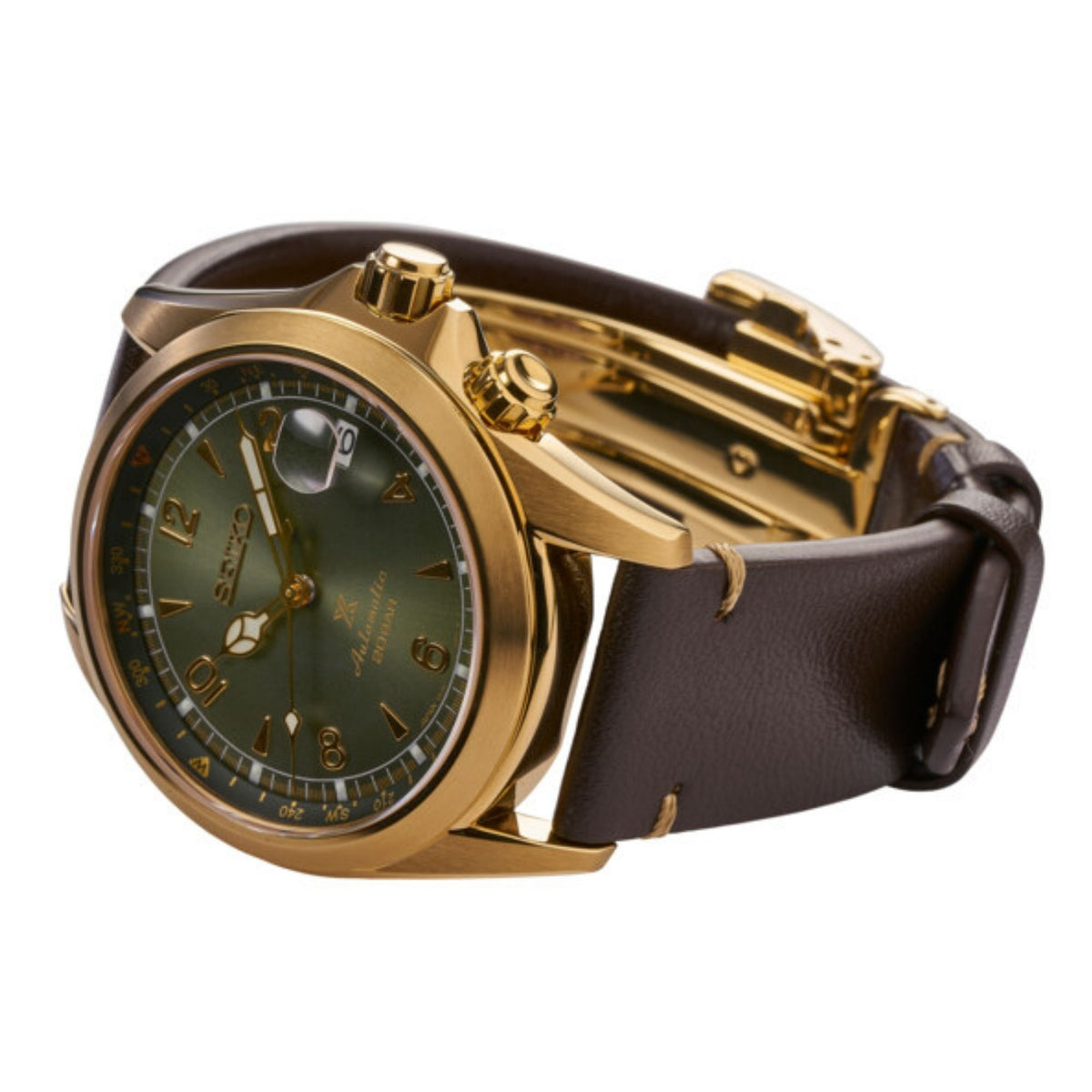 Three-quarter view of automatic men's watch with green dial, gold-tone case, brown leather strap