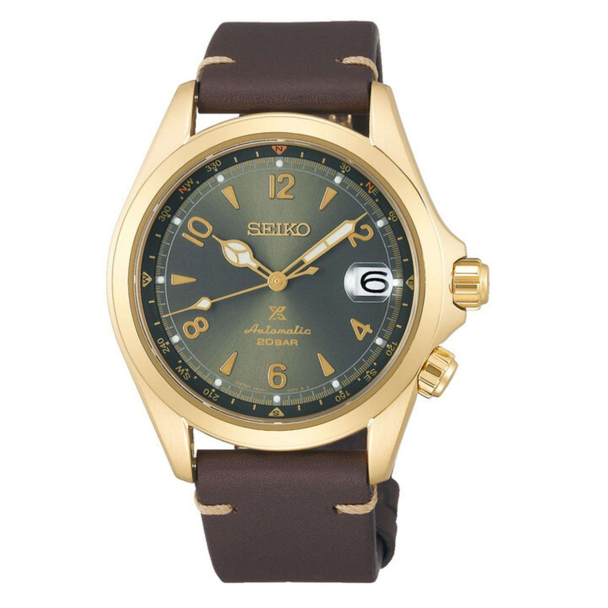 Men's automatic diver-style watch with green dial, gold-tone case, and brown leather strap