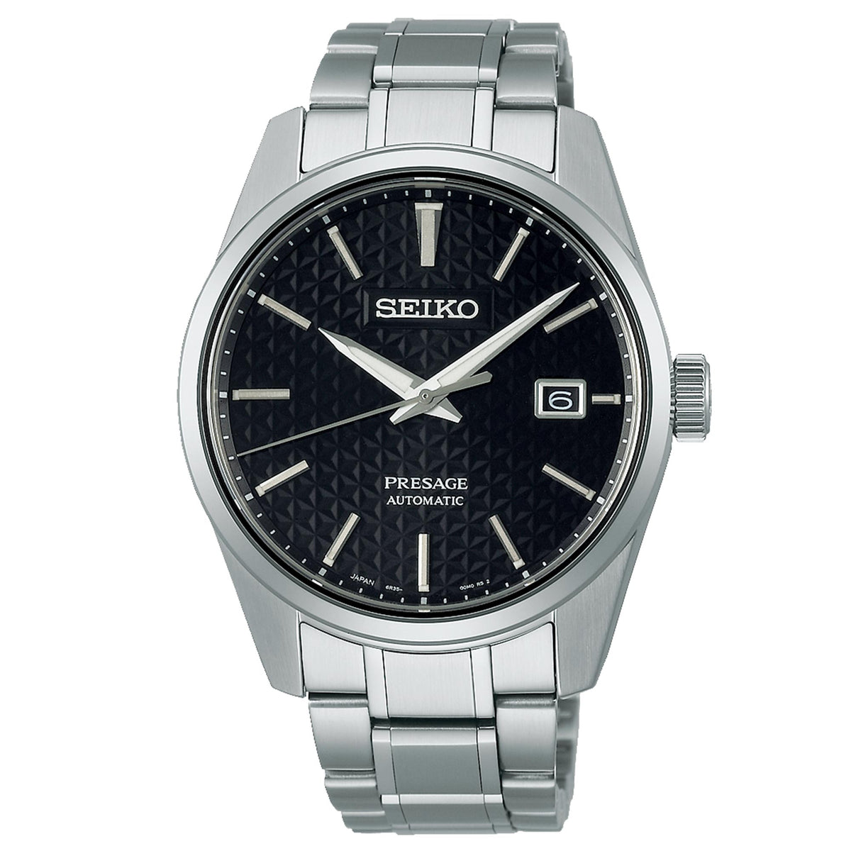 Seiko Presage automatic watch with black dial, silver hands, and stainless steel bracelet