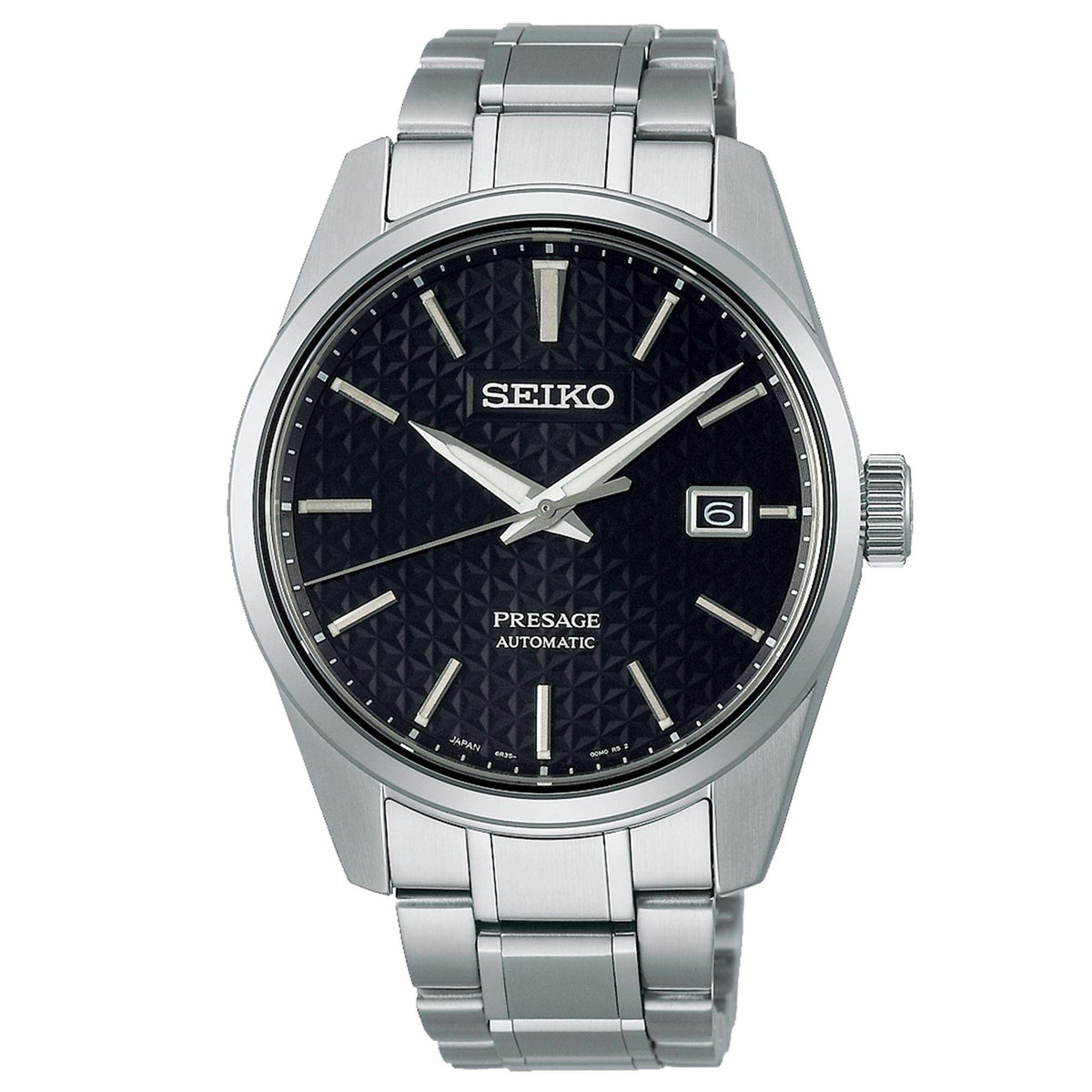 Stainless steel automatic watch with black dial featuring baton hour markers and date window