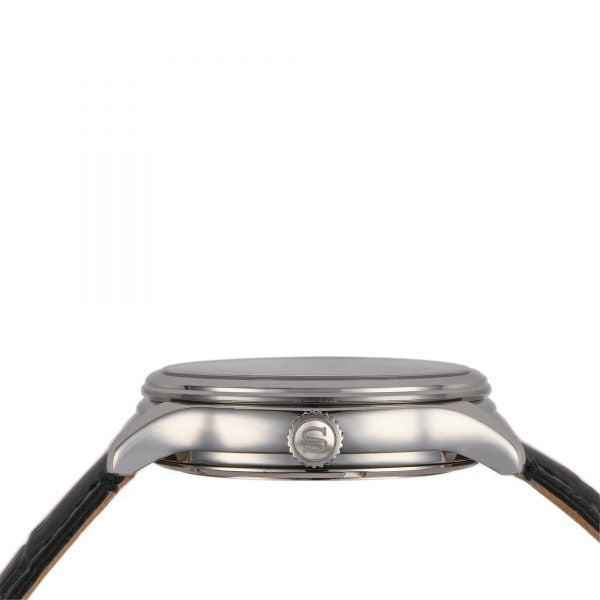 Seiko Presage men's watch case back close-up with black leather strap ends