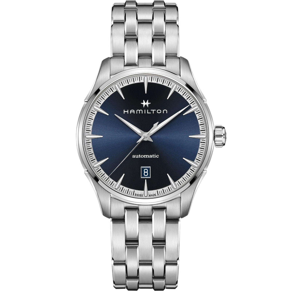 Men's Hamilton automatic watch with blue dial, stainless steel bracelet, star hour markers