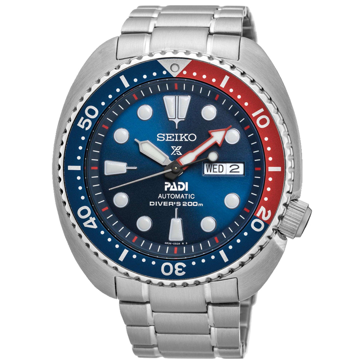 Stainless steel men's watch featuring blue dial, red minute bezel, Wed date window
