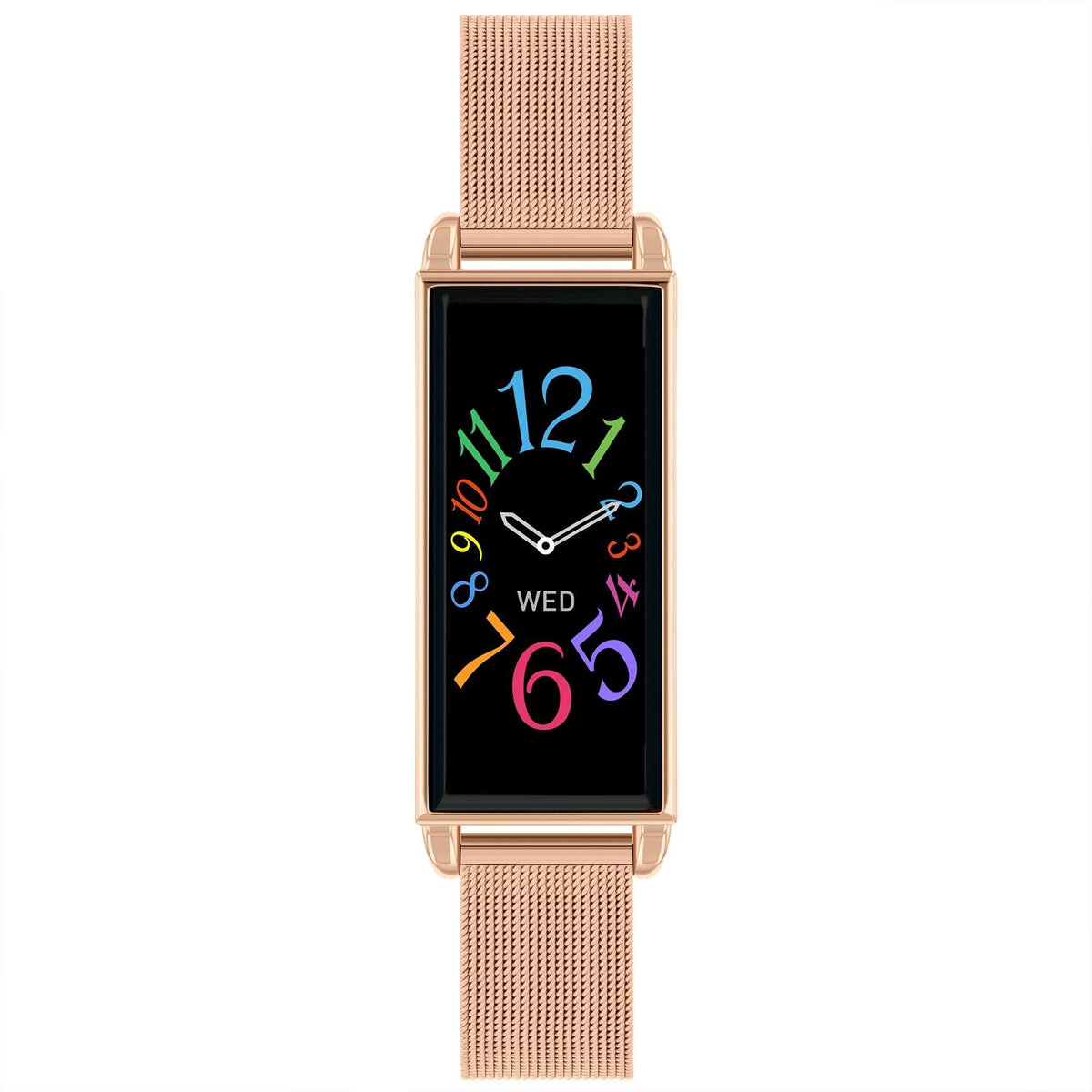 Rose gold mesh strap smartwatch with colorful 121 and 65 display on black screen