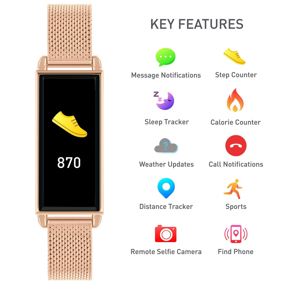 Rose gold mesh strap smartwatch with black display showing 870