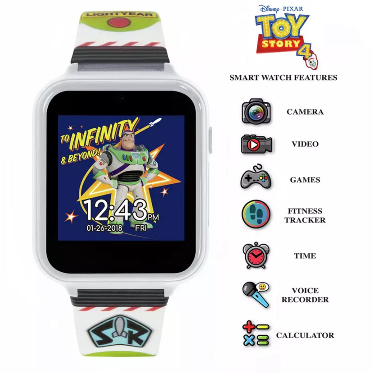 Boys smartwatch with dark display showing Toy Story theme and feature icons