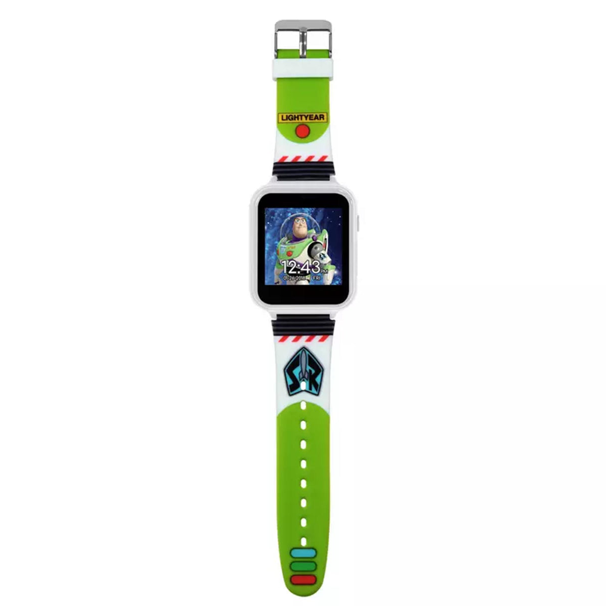 Boys digital watch with green rubber strap, square face, and cartoon time display