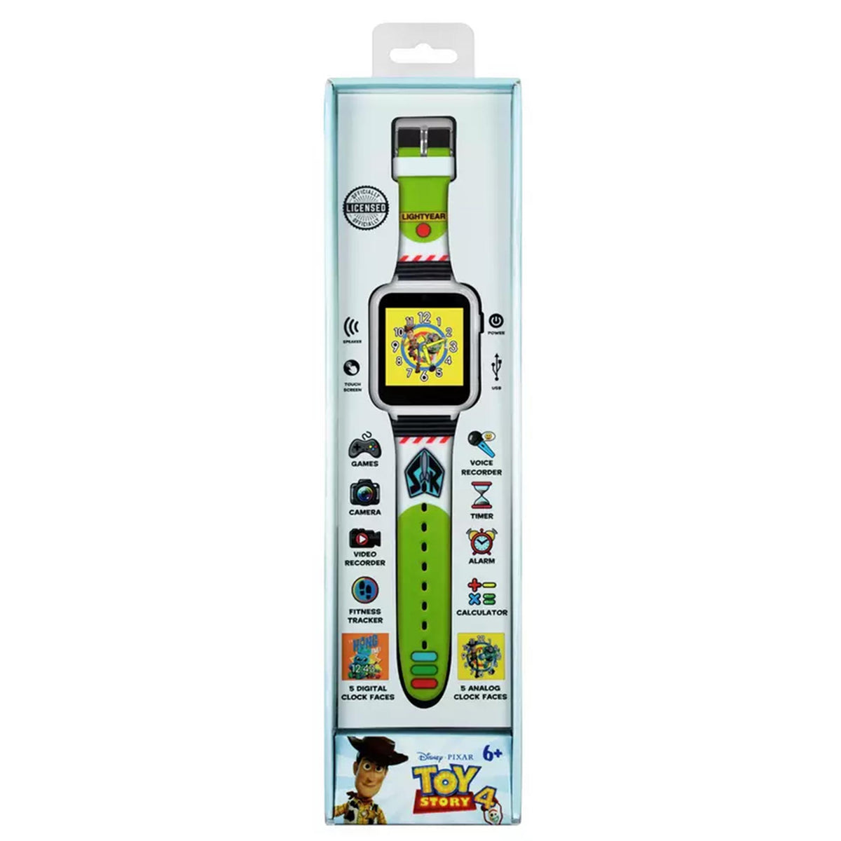 Boys digital watch in retail box, showing green strap and feature diagrams