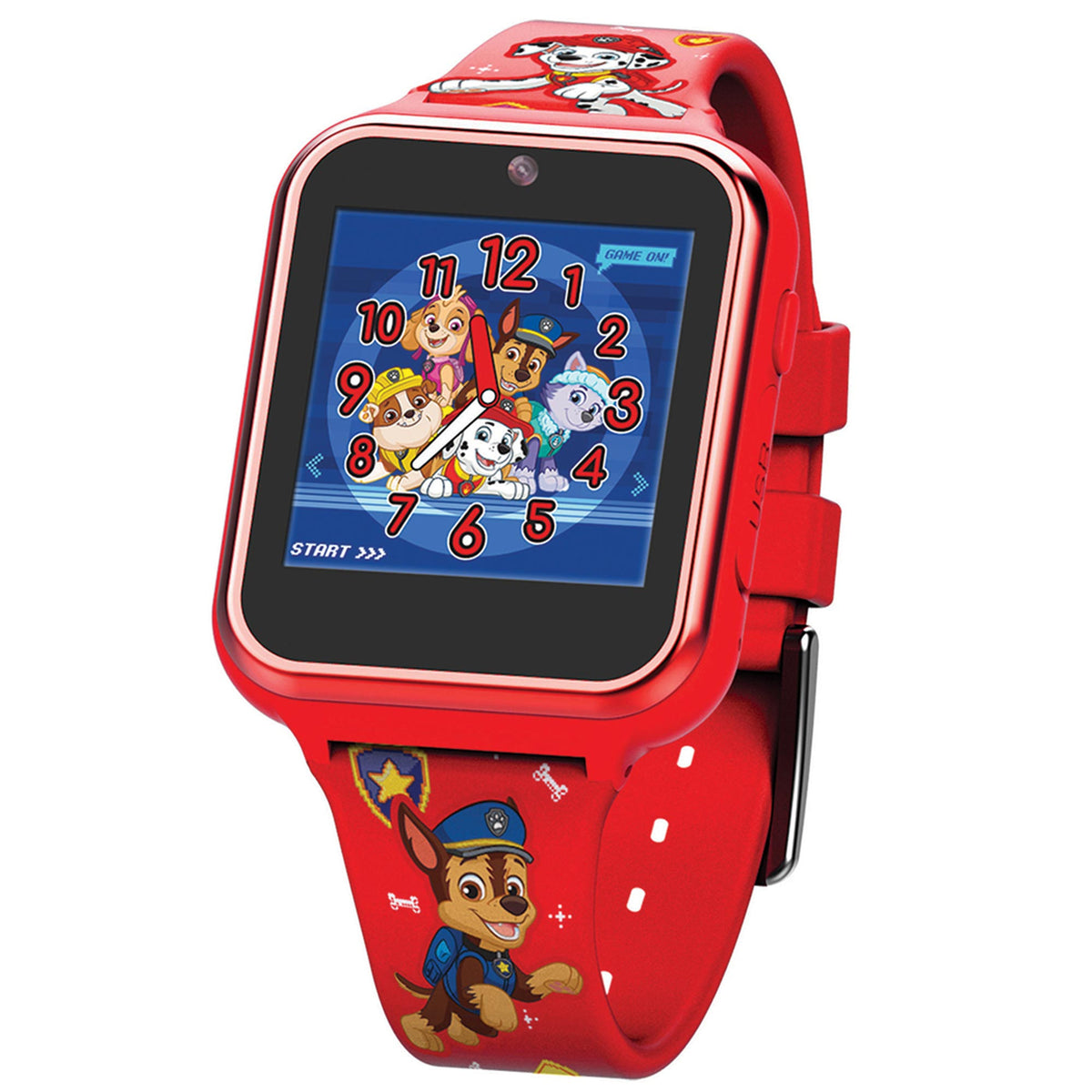 Red digital dial kids watch with blue screen, Paw Patrol characters, red rubber strap.