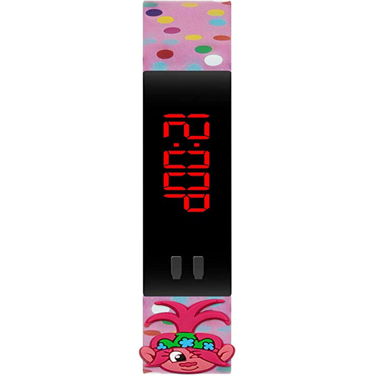 Kids digital fitness watch, black face with red activity icon, multicolor dot strap, troll