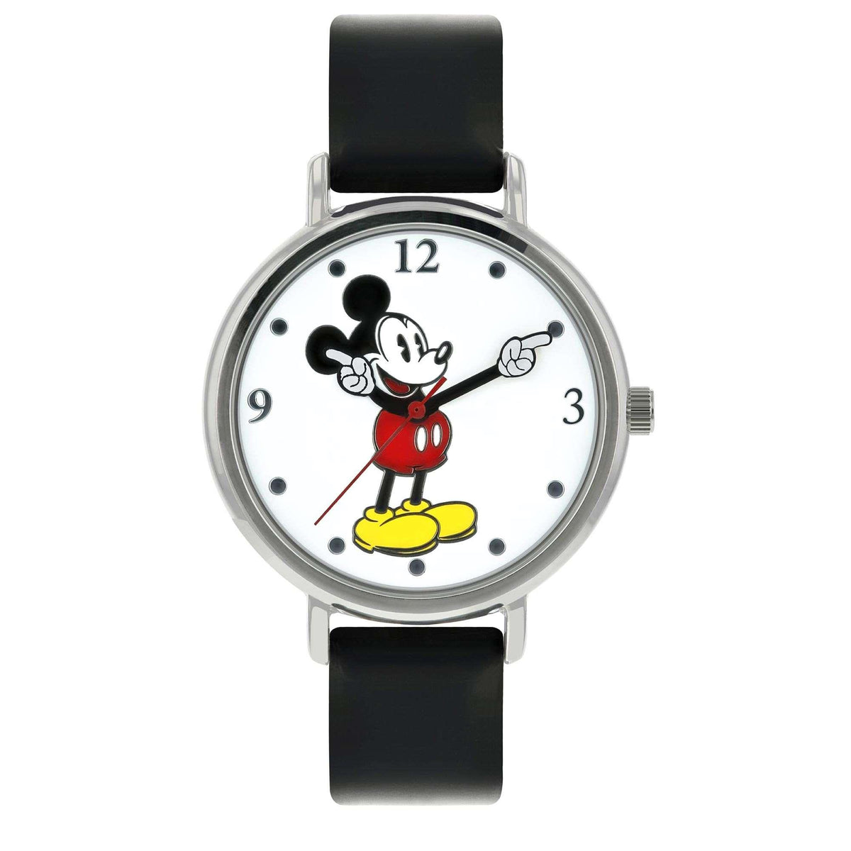 Mickey Mouse quartz watch with black strap and silver round case, Mickey graphic on dial