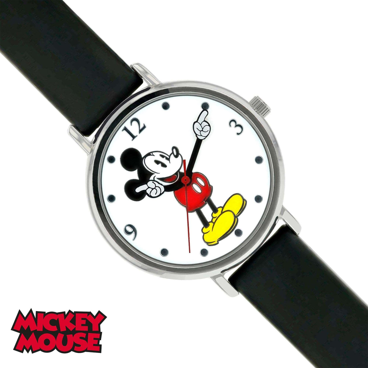 Mickey Mouse quartz bracelet watch with black leather strap and silver round case