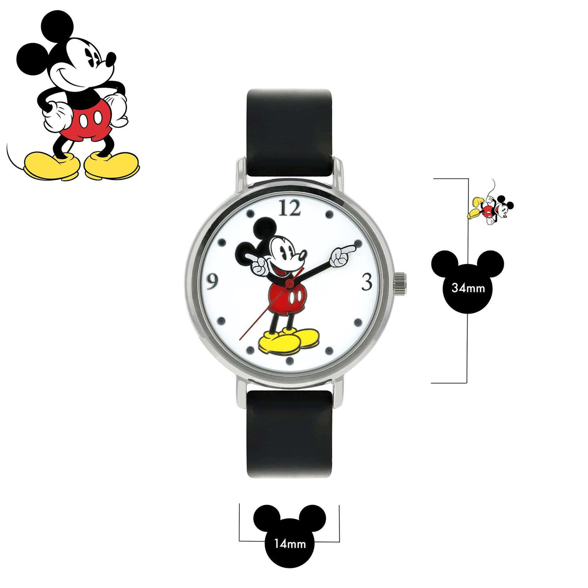 Mickey Mouse watch on black strap with silver case, showing size measurements