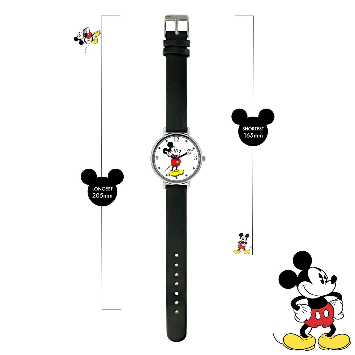 Mickey Mouse watch with black leather strap and silver case, length measurements shown