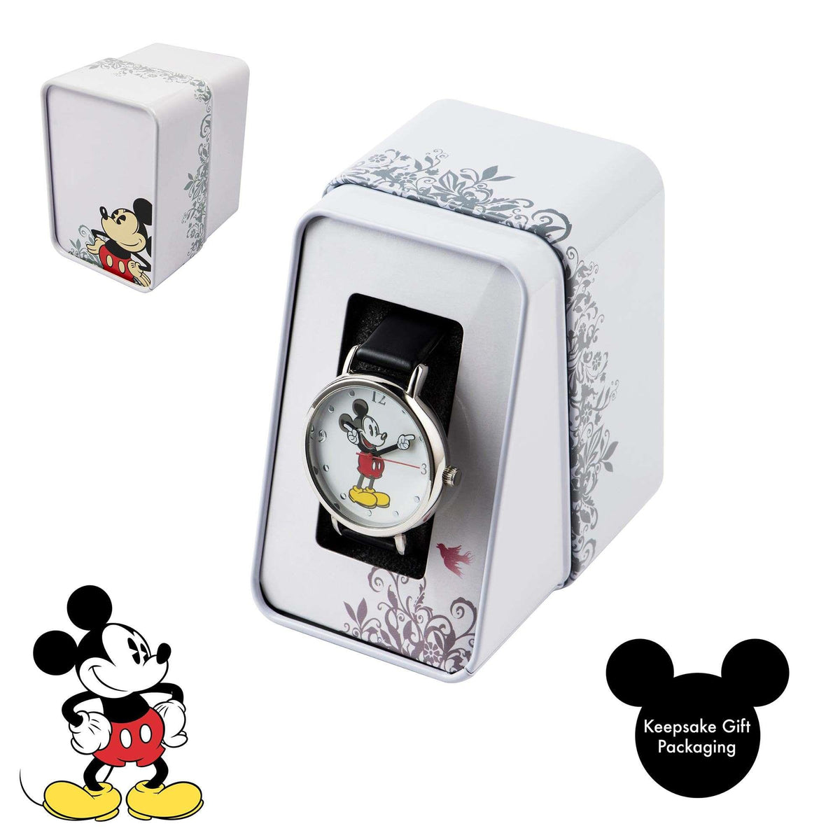 Mickey Mouse leather bracelet watch with black strap, shown in gift box