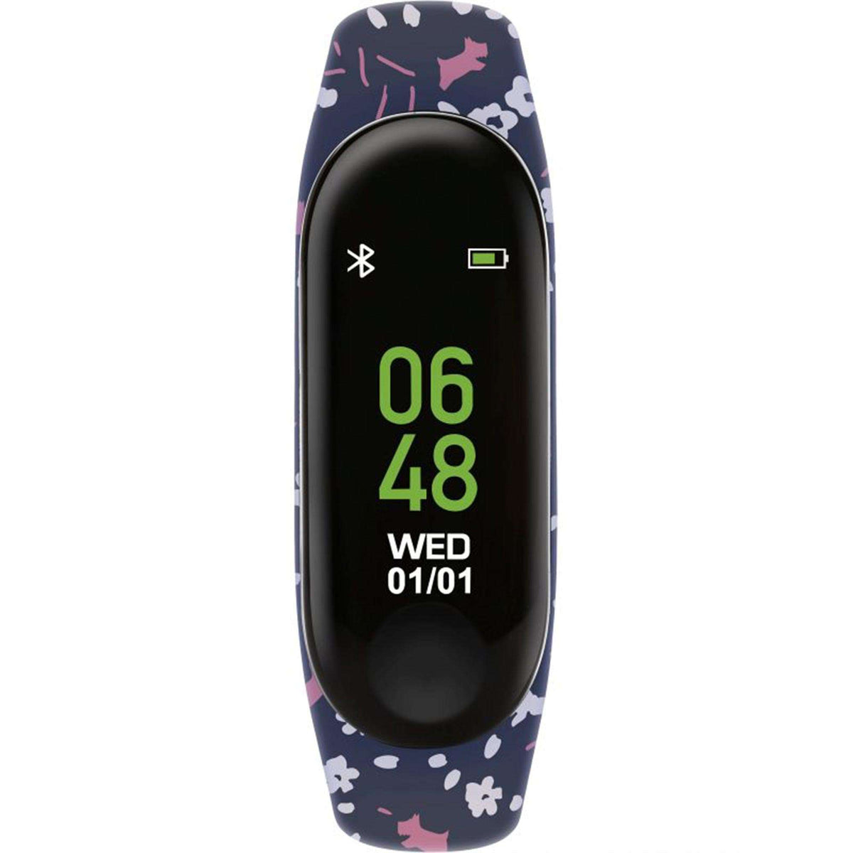 Radley ladies smartwatch with navy floral strap and black display showing 06 48