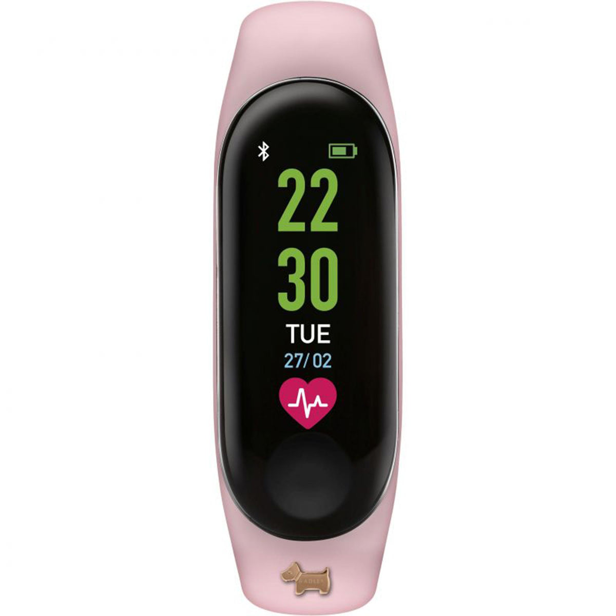 Pink silicone strap digital smartwatch with black screen showing 22:30 and Tuesday