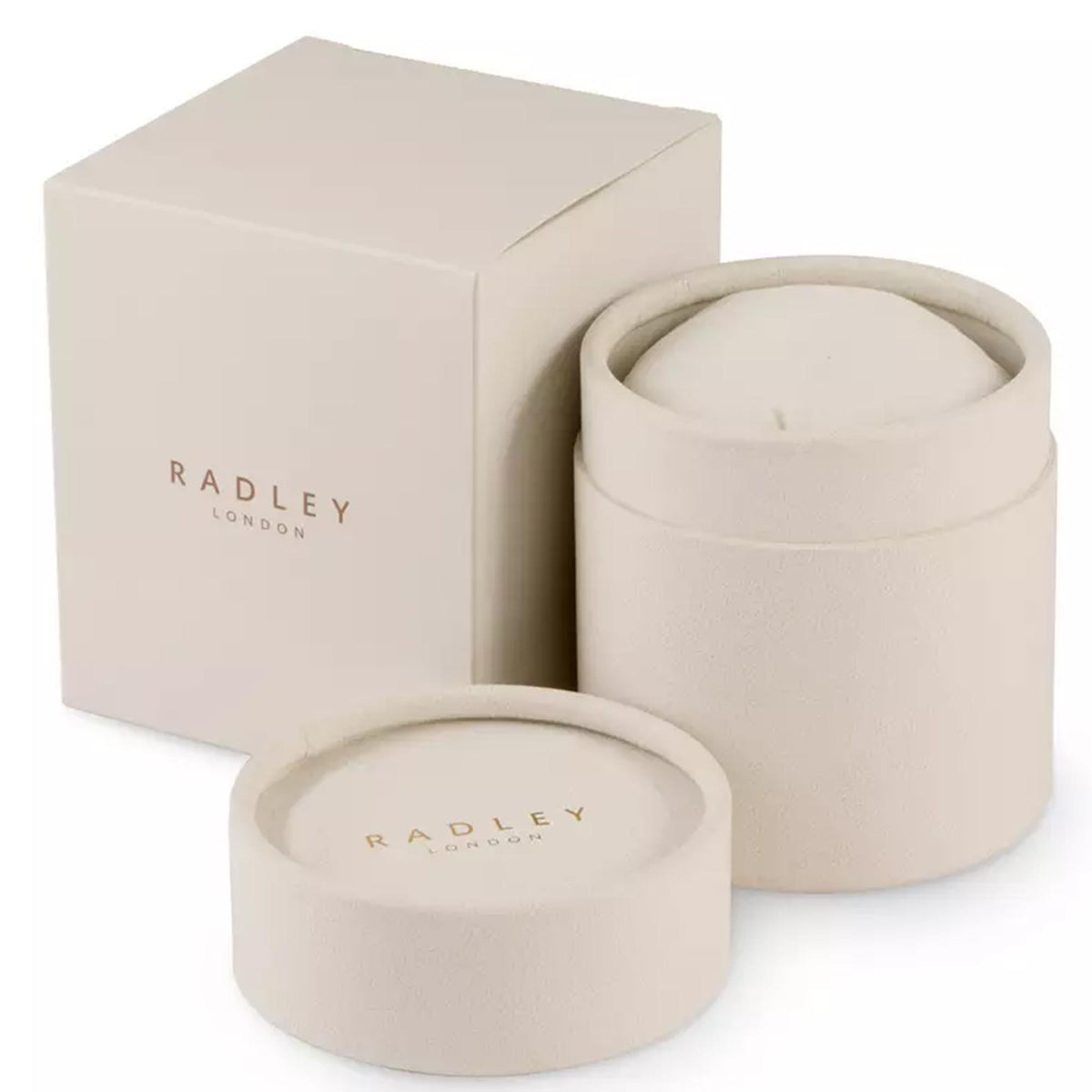 Radley watch packaging set: cream boxes with watch display cylinder and pad