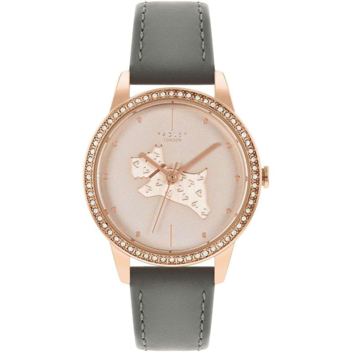 Rose-gold tone ladies quartz watch with crystal bezel, pale dial, grey leather strap