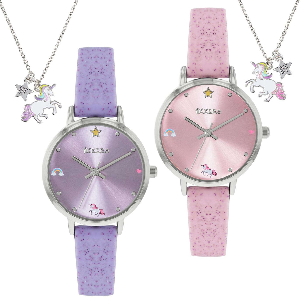 Girls gift set with two unicorn charm necklaces and two pink star dial watches silicone straps