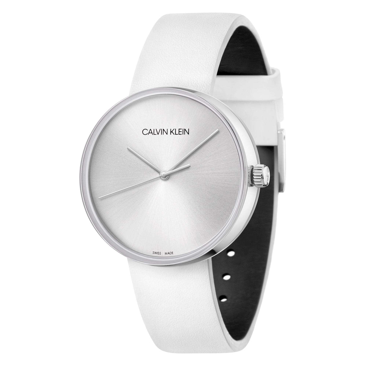 Round Calvin Klein quartz wristwatch with white leather strap and silver hands on white dial