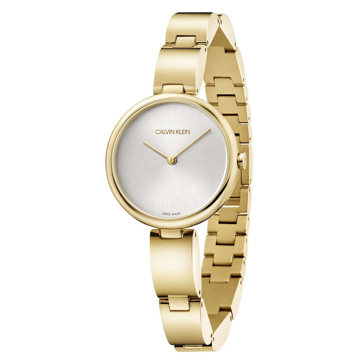 Gold-tone ladies wristwatch with silver dial, gold bezel, and stainless steel link band