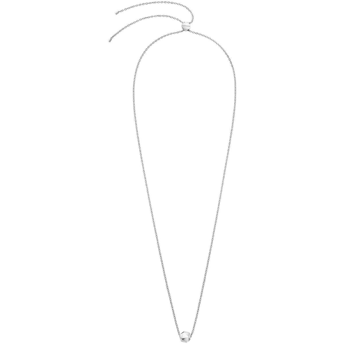Silver-tone chain necklace with round connector at the top and small drop charm