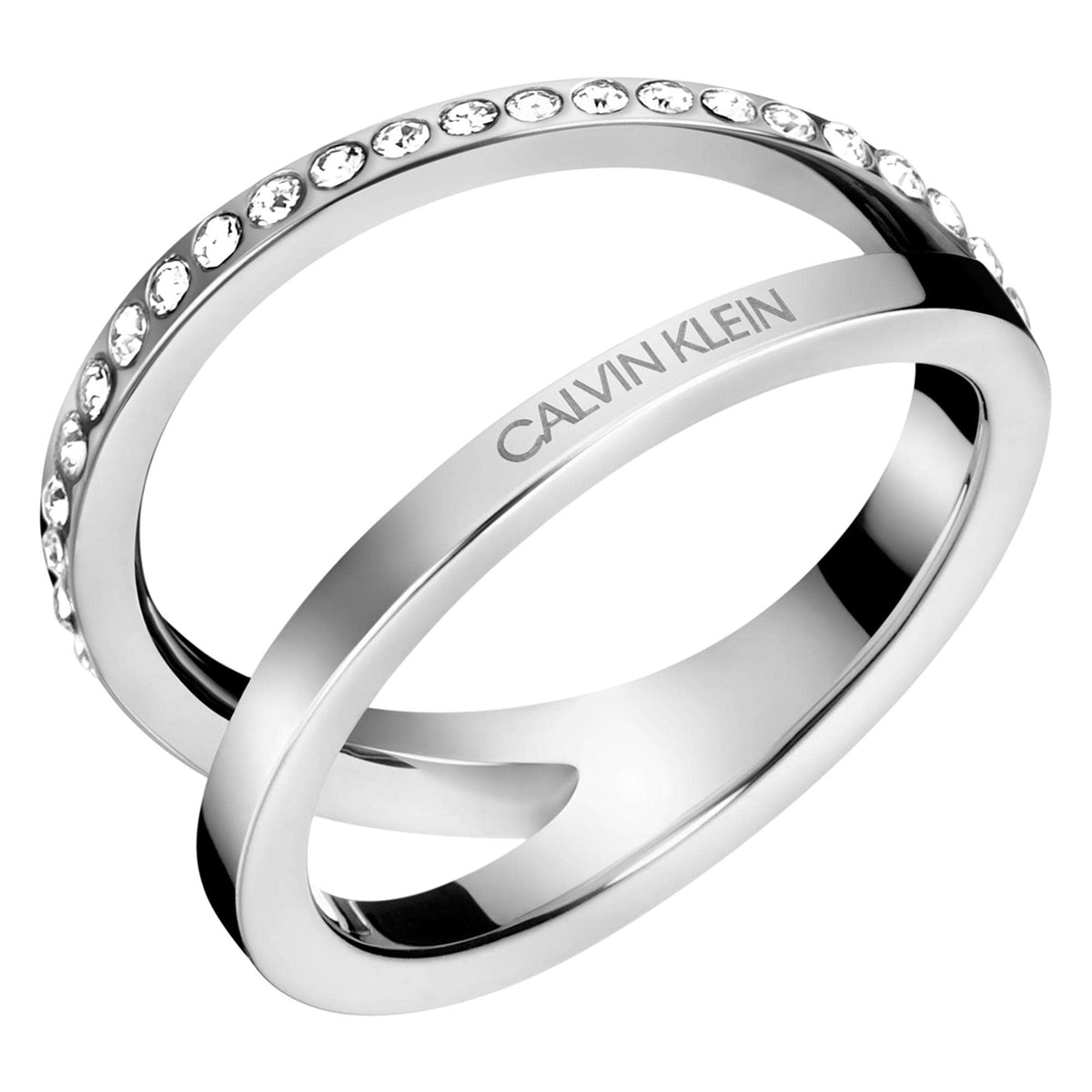 Calvin Klein silver-tone ring with interlocking polished bands and crystal accents