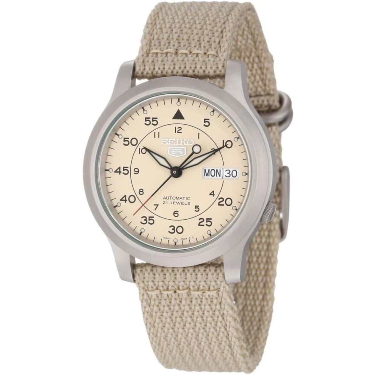 Men's automatic watch, beige NATO strap and beige dial with day/date at 3