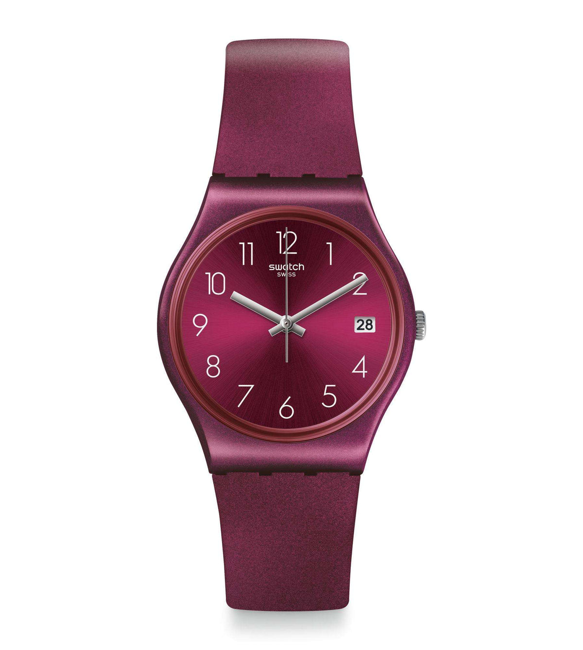 Burgundy dial analog wristwatch with round case and matching strap, date at 28